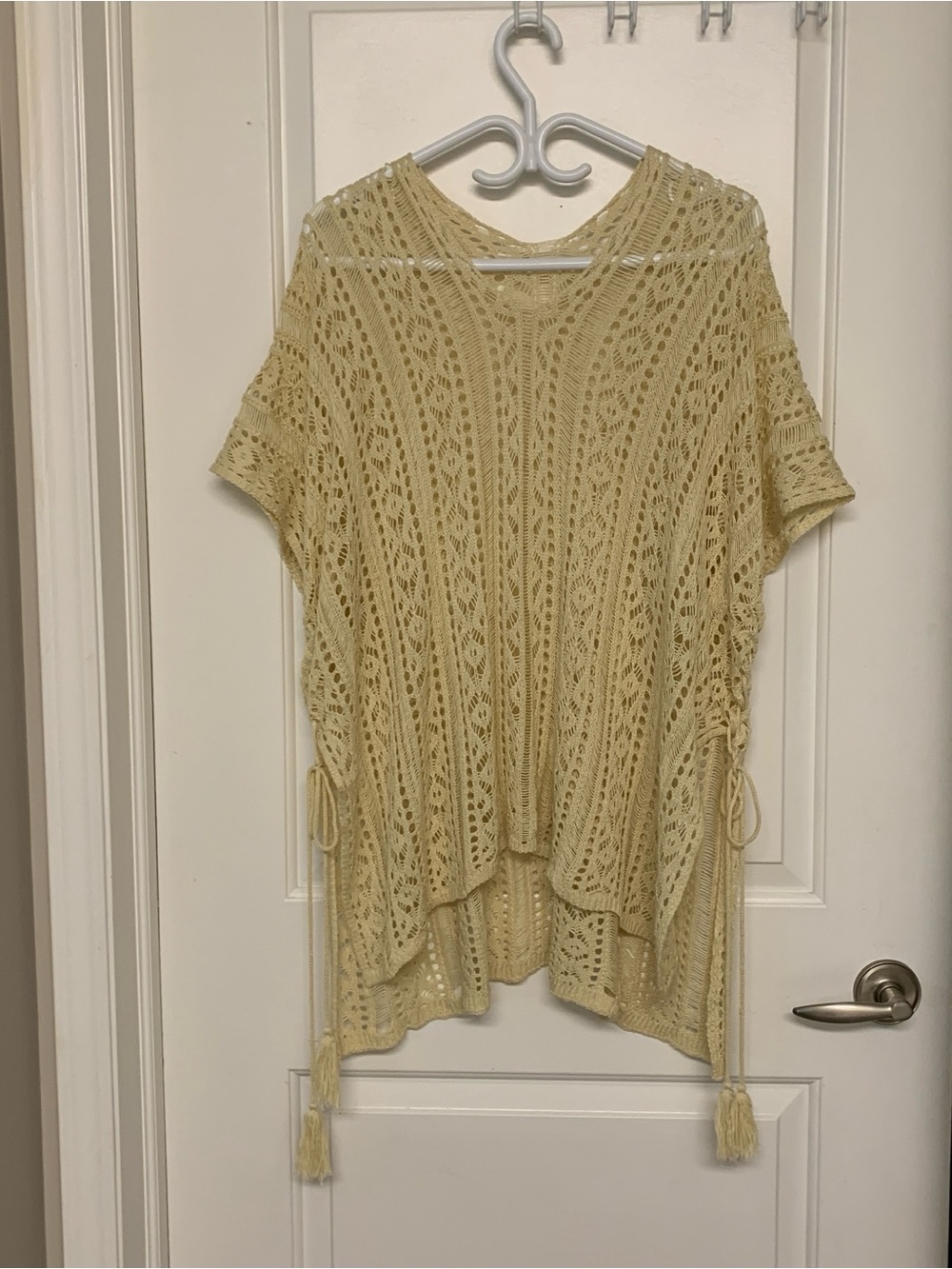Crochet Cover Up OS Adjustable Open Knit Beige Boho Festival Beach Coastal